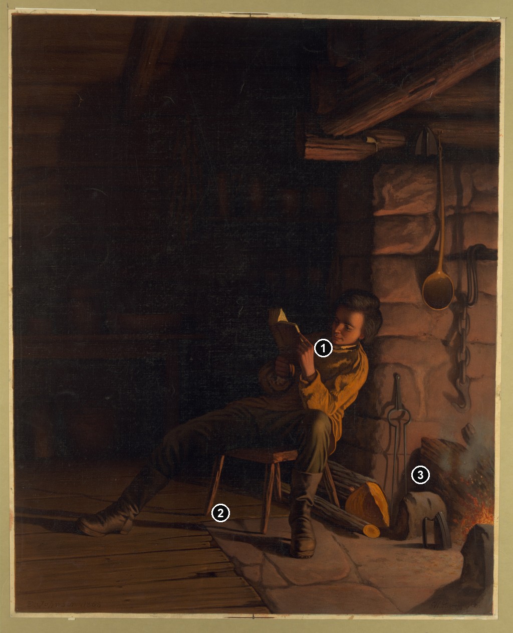 Annotated details from The Boyhood of Lincoln by W. Harring / L. Prang & Co., after Eastman Johnson